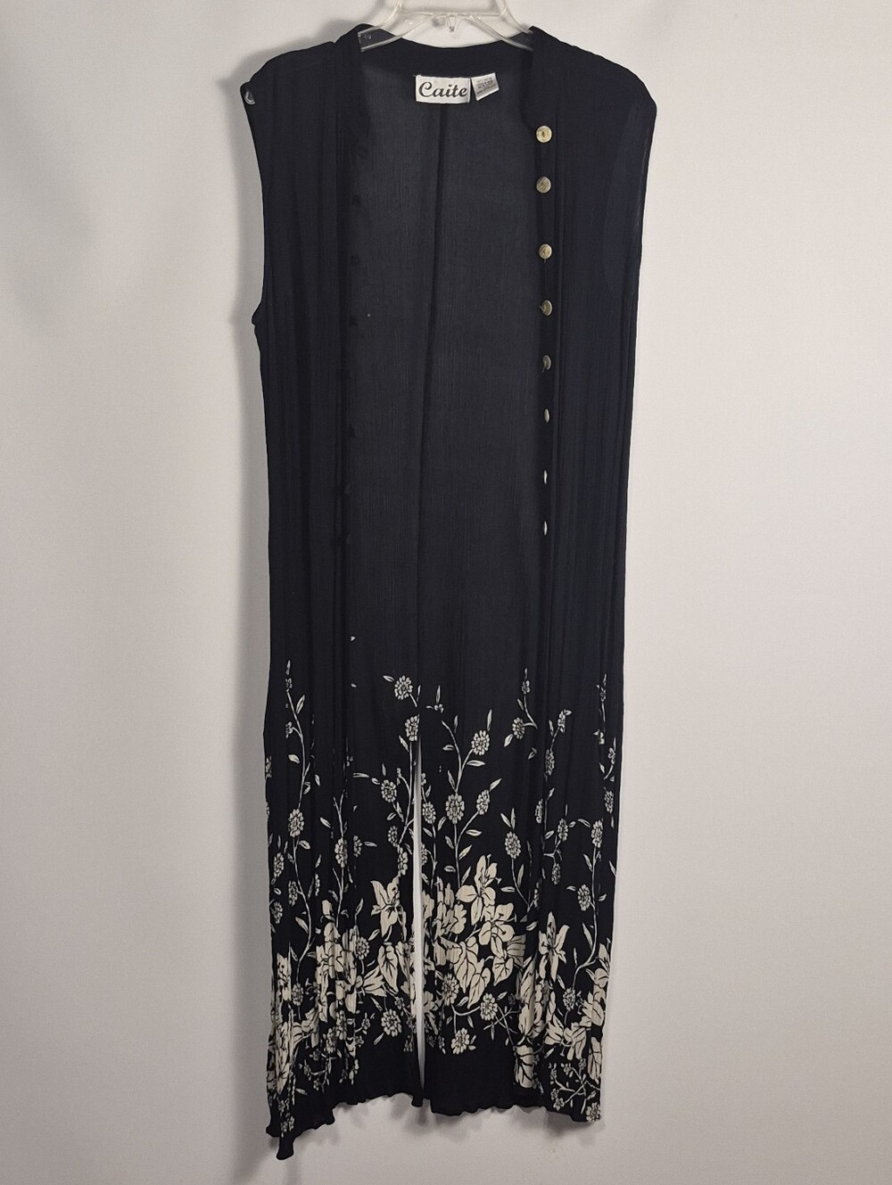 Caite Black Floral Duster Vest Rayon Sleeveless Button Front Long Size L